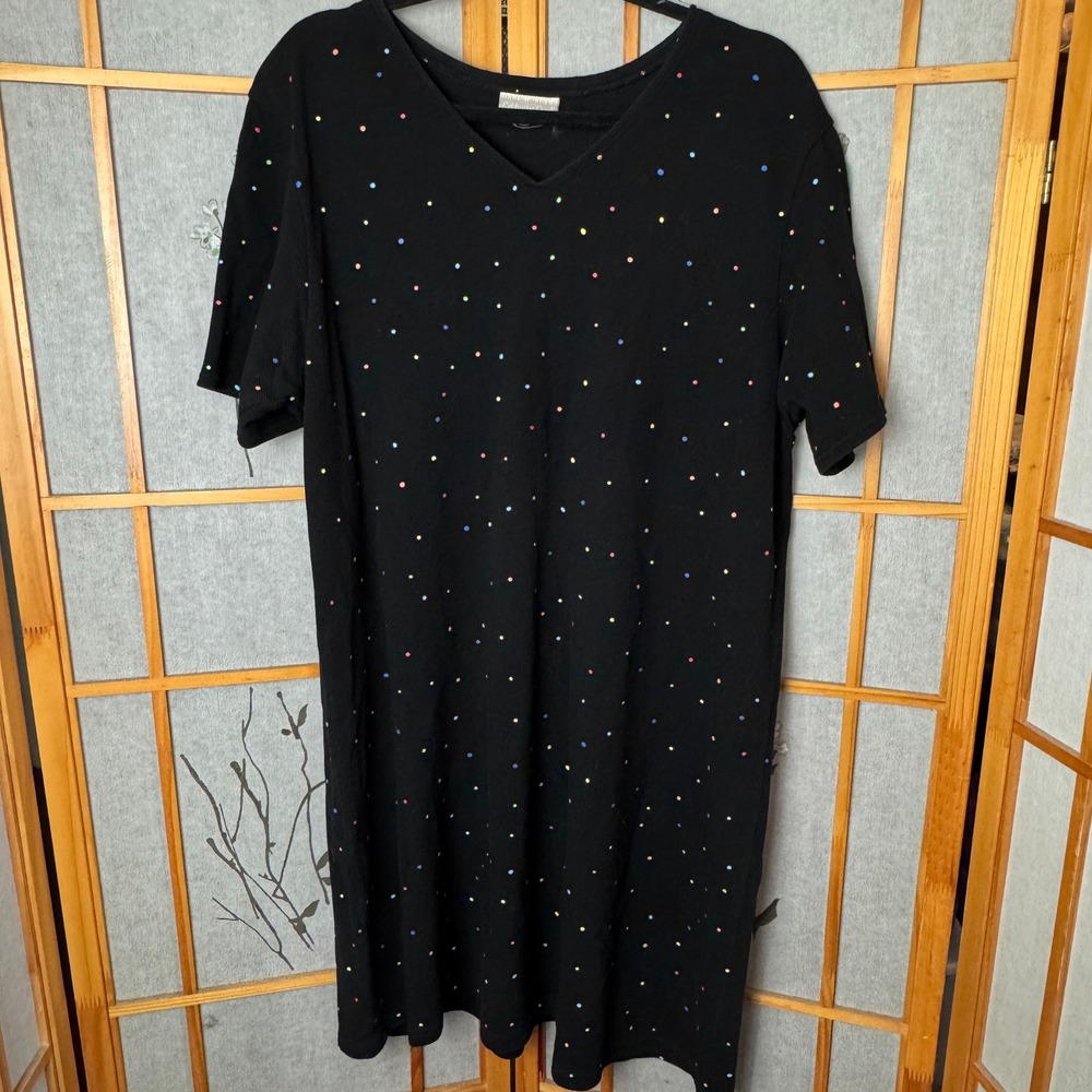 Coldwater Creek Black Polka Dot V-Neck Short Sleeve Stretch T-Shirt Dress Womens